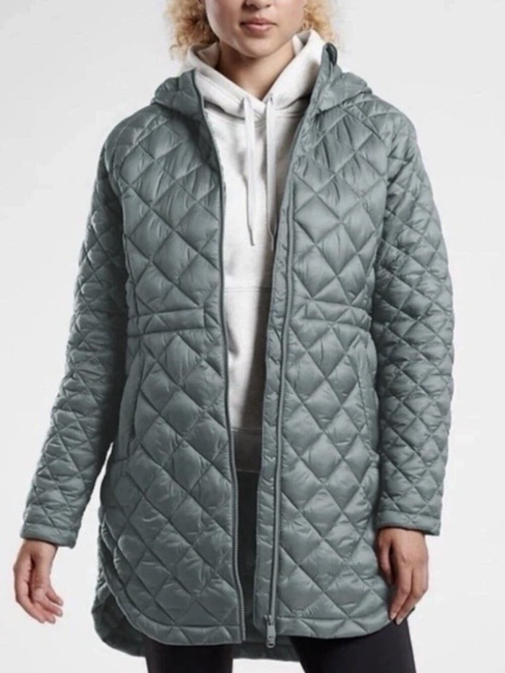 Athleta Whisper Featherless Parka in Metropolis Grey Sage Green Longline L $229